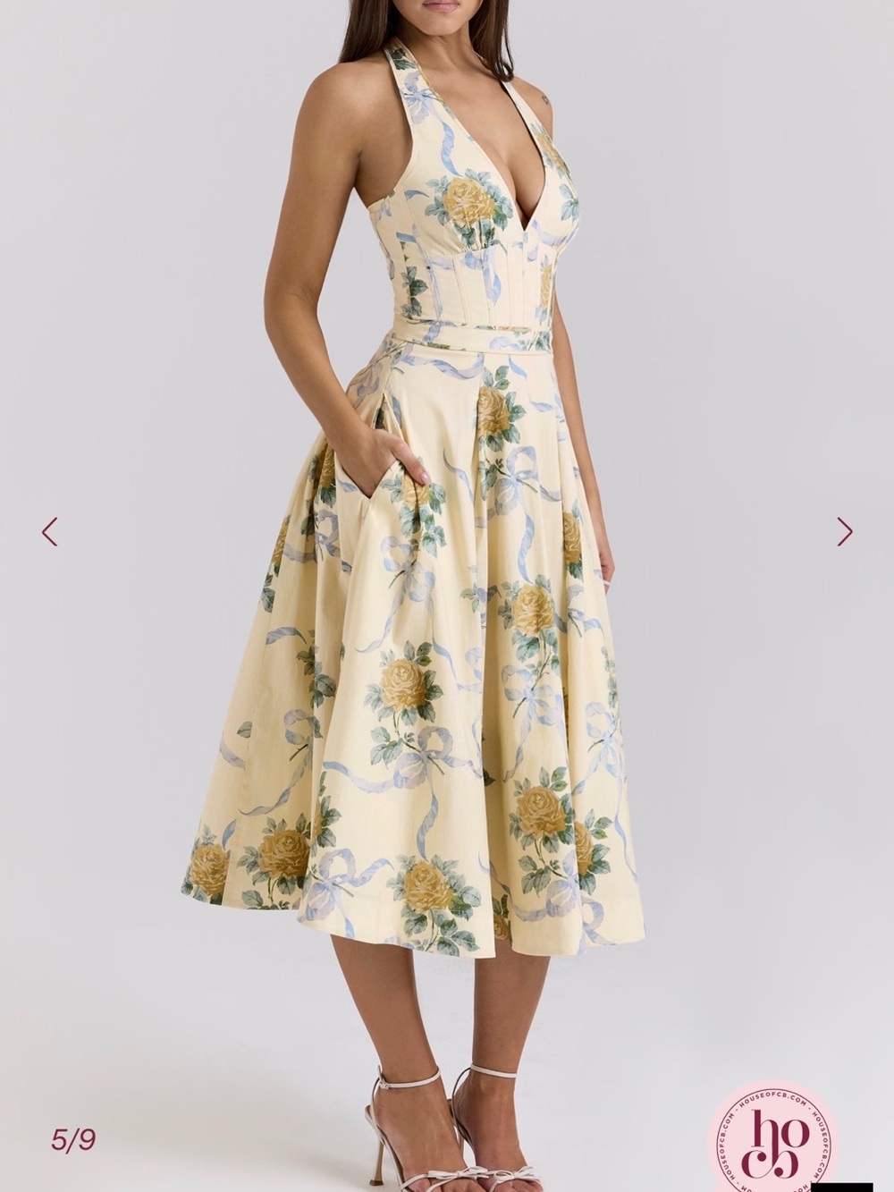 House of CB ALLENA Lemon Ribbon Stretch Cotton Halter Midi Sundress